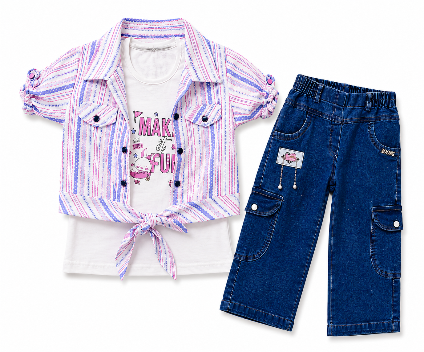 Kidsura Girls Pastel Stripe Denim Cargo Co-ord Set