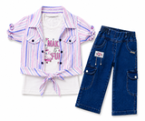 Kidsura Girls Pastel Stripe Denim Cargo Co-ord Set