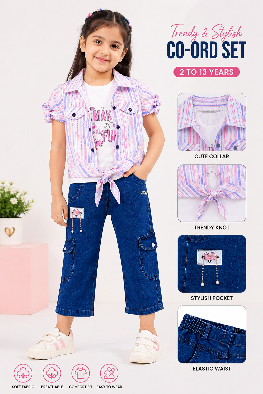Kidsura Girls Pastel Stripe Denim Cargo Co-ord Set