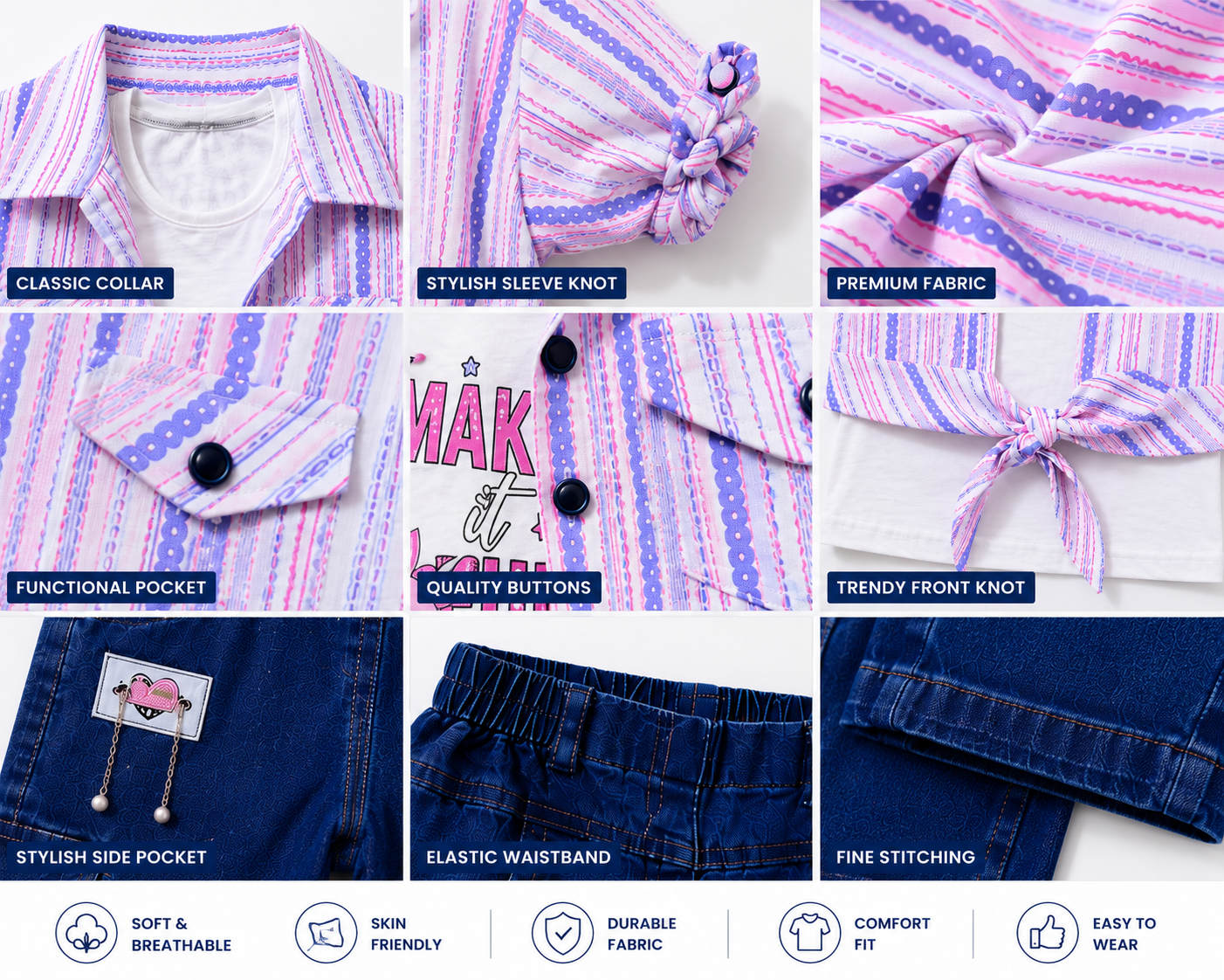 Kidsura Girls Pastel Stripe Denim Cargo Co-ord Set