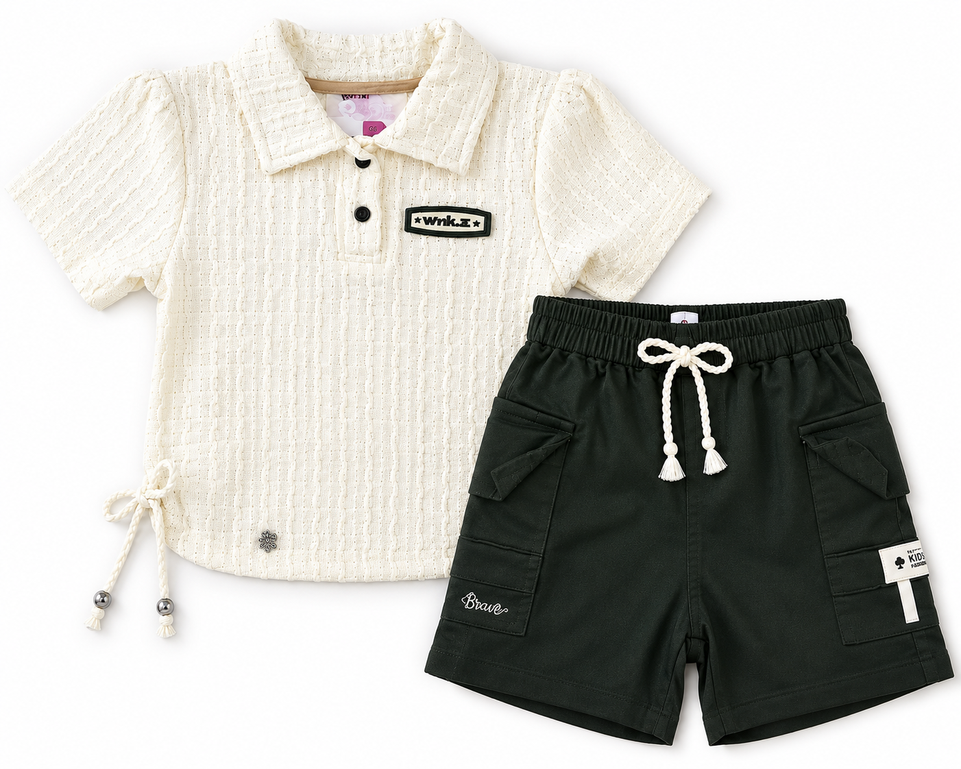 Kidusra Girls Textured Polo Top & Cargo Shorts Set