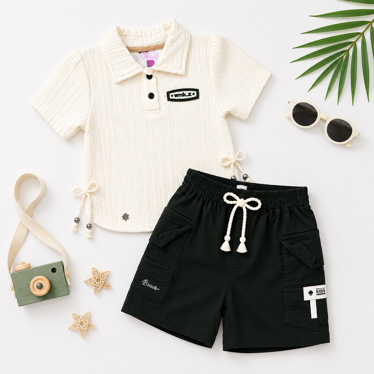 Kidusra Girls Textured Polo Top & Cargo Shorts Set