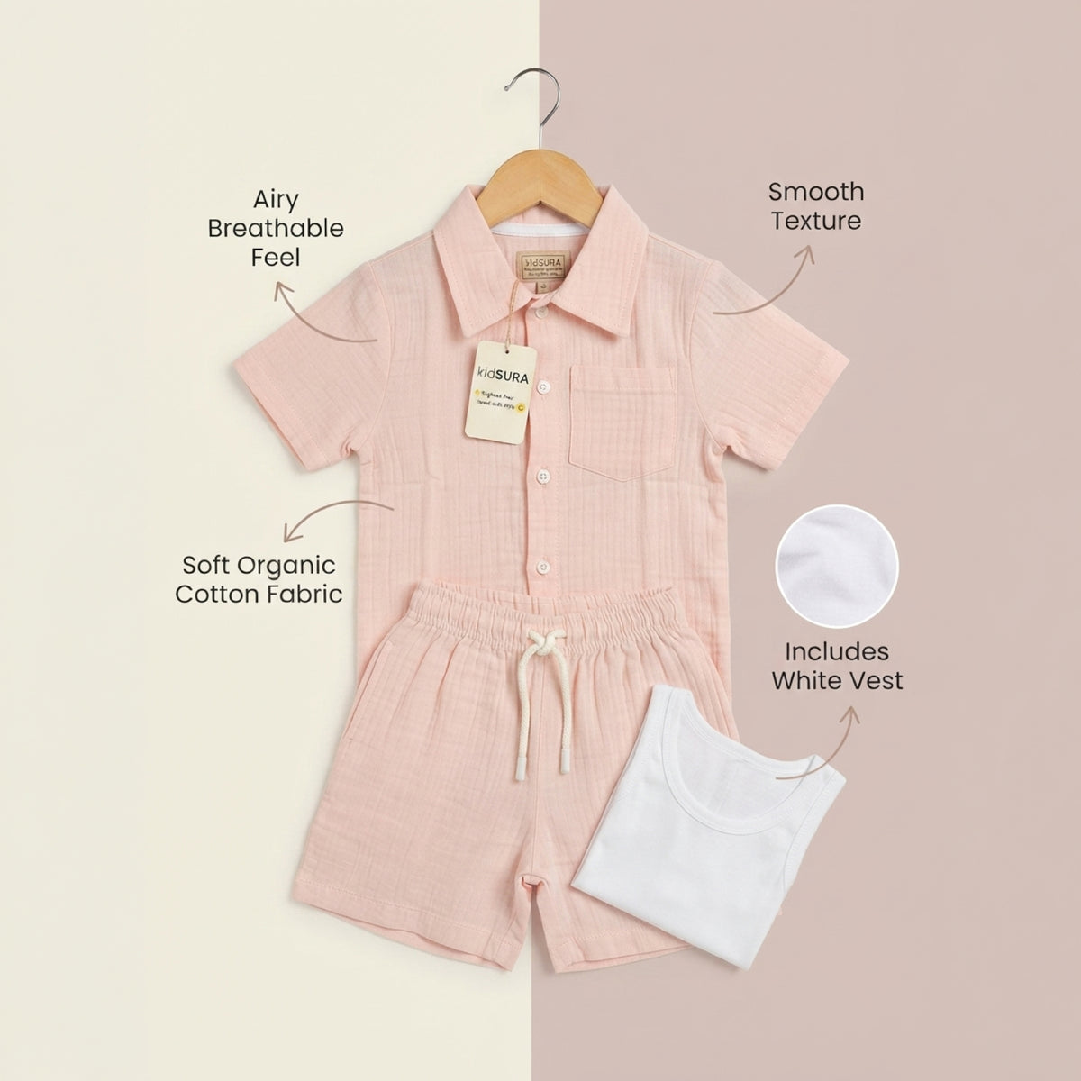 Kidsura Kids 3-Piece Cotton Muslin Short Sleeve Shirt Tank Top & Shorts Set