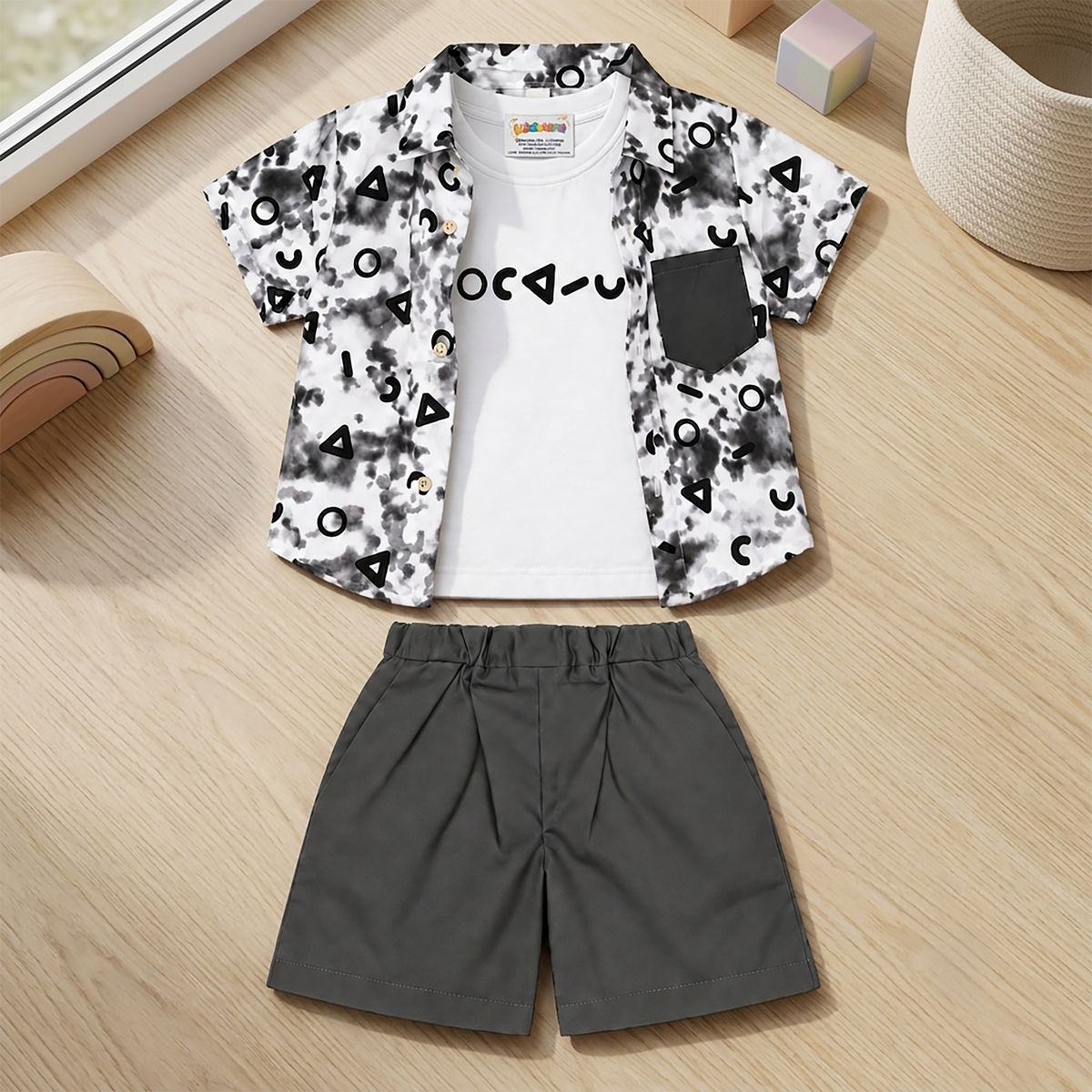 Kidsura Boys 3-Piece Outfit Set: Button Shirt, Graphic Tee & Shorts