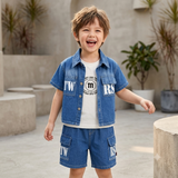Kidsura Boys Denim Co-Ord Set with T-Shirt & Cargo Shorts – 3-Piece Outfit