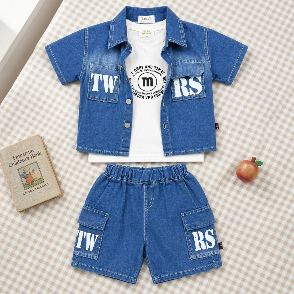 Kidsura Boys Denim Co-Ord Set with T-Shirt & Cargo Shorts – 3-Piece Outfit