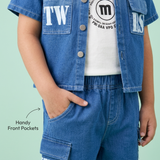 Kidsura Boys Denim Co-Ord Set with T-Shirt & Cargo Shorts – 3-Piece Outfit