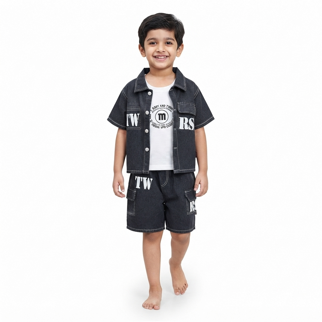 Kidsura Boys Denim Co-Ord Set with T-Shirt & Cargo Shorts – 3-Piece Outfit