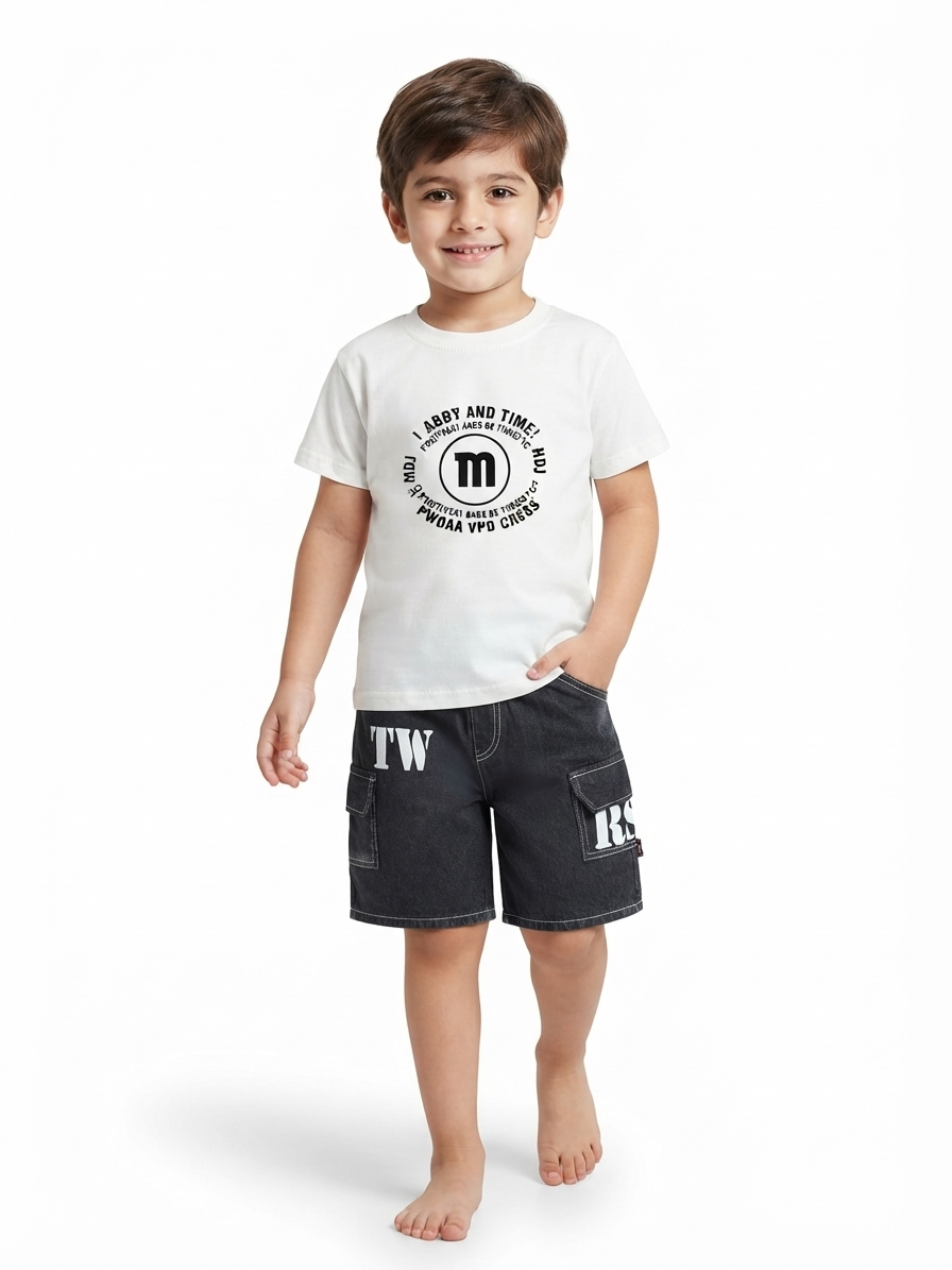 Kidsura Boys Denim Co-Ord Set with T-Shirt & Cargo Shorts – 3-Piece Outfit