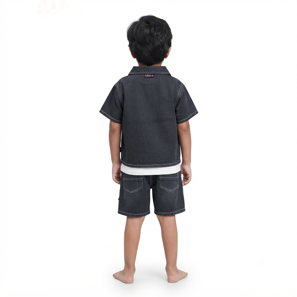 Kidsura Boys Denim Co-Ord Set with T-Shirt & Cargo Shorts – 3-Piece Outfit