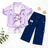 Kidsura Girls Pastel Stripe Denim Cargo Co-ord Set
