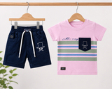 Boys Pink Stripe T-Shirt & Navy Shorts Set