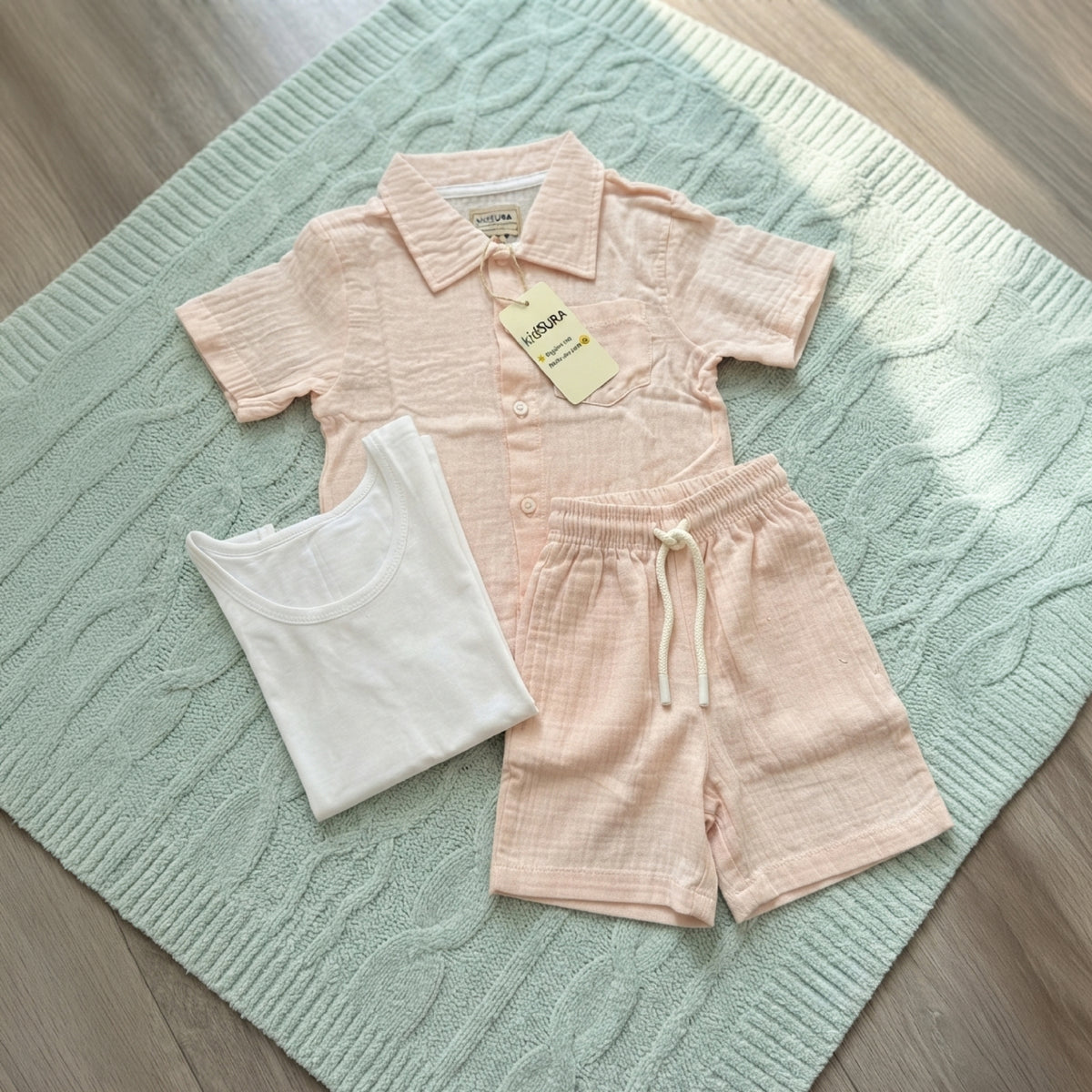 Kidsura Kids 3-Piece Cotton Muslin Short Sleeve Shirt Tank Top & Shorts Set