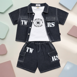 Kidsura Boys Denim Co-Ord Set with T-Shirt & Cargo Shorts – 3-Piece Outfit